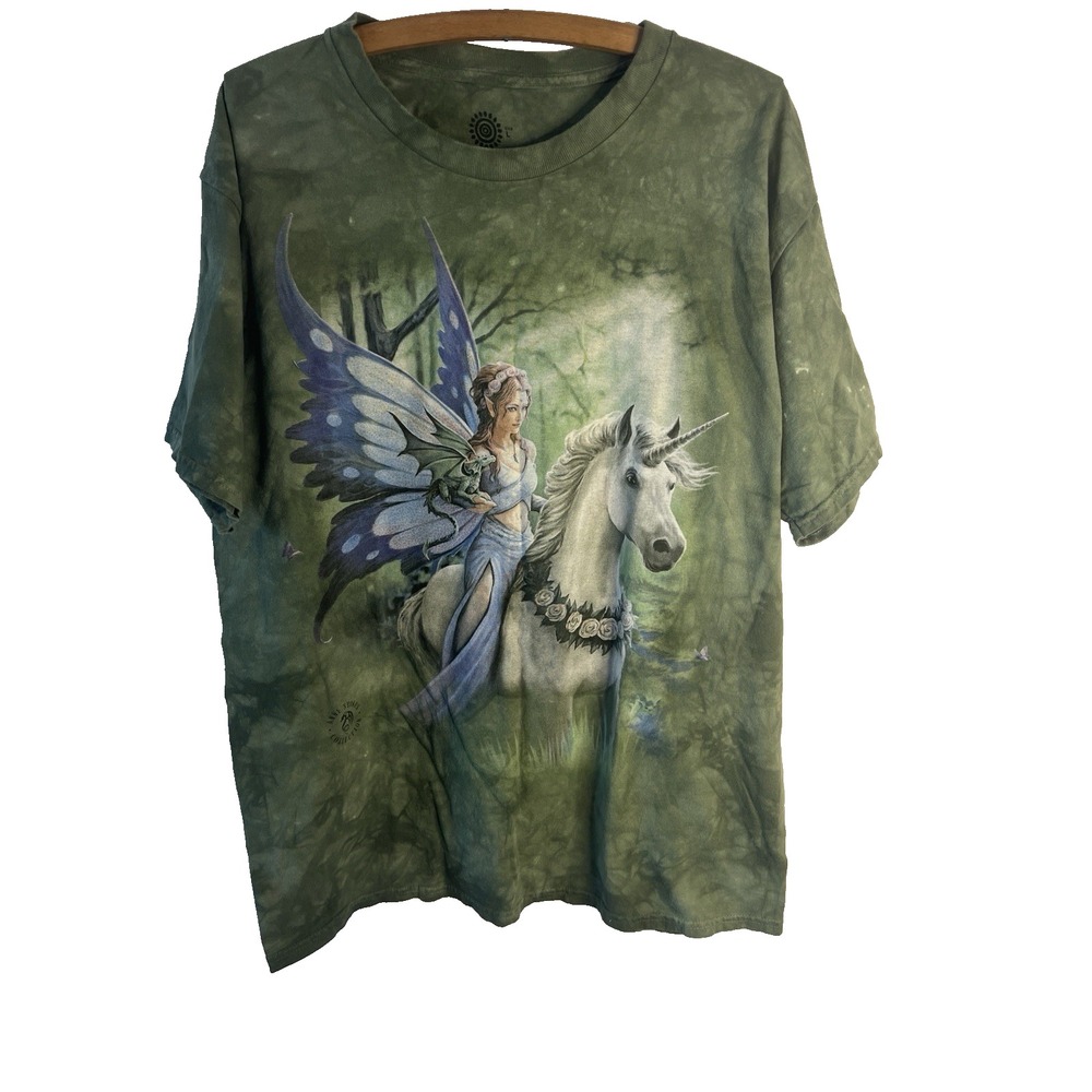 The Mountain Anne Stokes Fairy Unicorn T-Shirt L Green Fantasy Graphic Tee